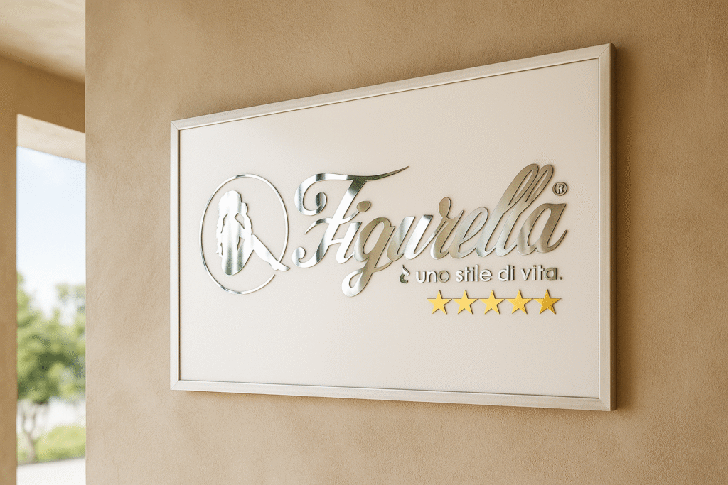 Realizzazione insegna interna realizzata in forex e taglio laser su crilex cromato argento e oro. Realizzazione presso Figurella Terni by Elion Design