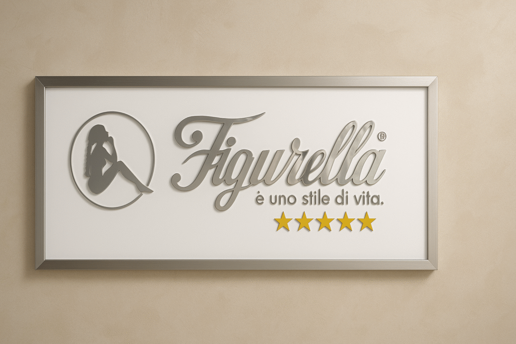 Realizzazione insegna interna realizzata in forex e taglio laser su crilex cromato argento e oro. Cornice su misura e installazione presso Figurella Terni by Elion Design