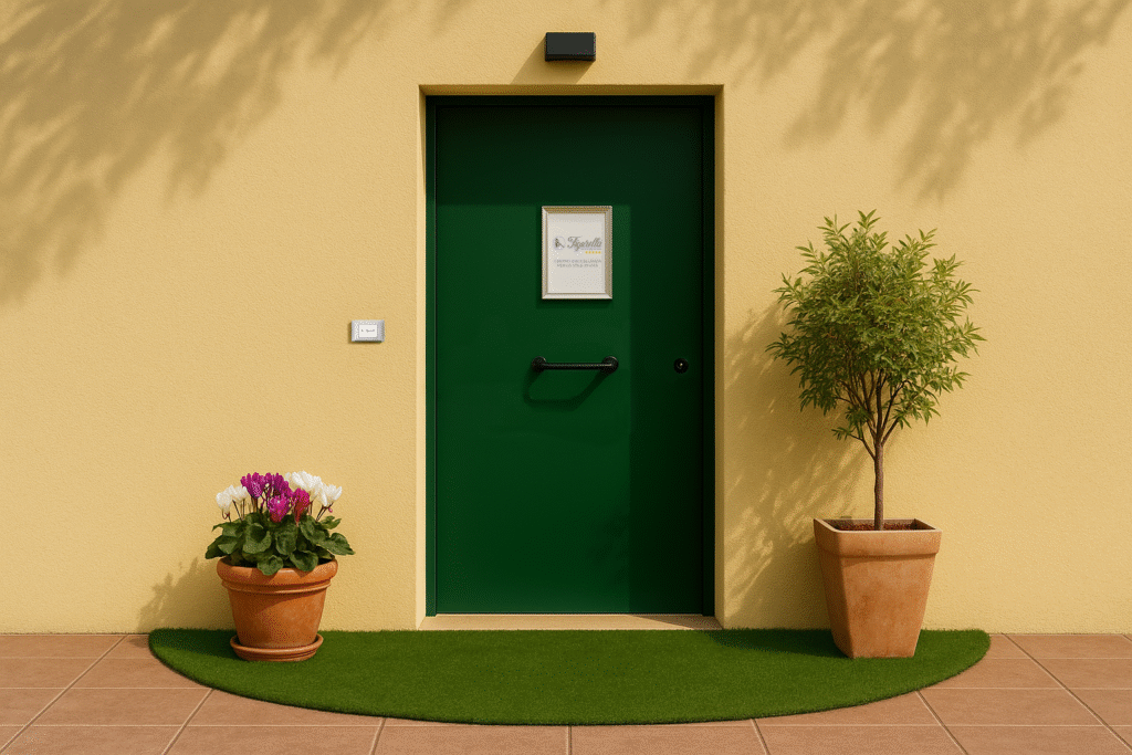 Allestimento decorativo ingresso Figurella Terni, illuminazione automatica, insegna porta in plexy cromato e cornice, sagomatura tappeto erboso e piante