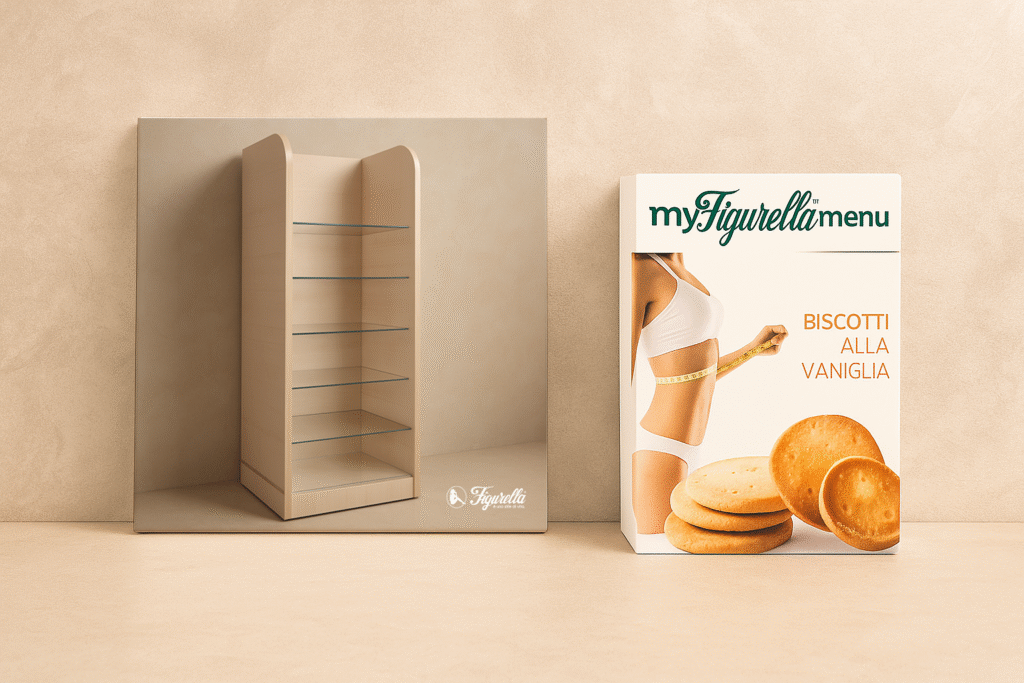 Progettazione mobilio espositore per Prodotti Figurella My Menu, realizzato su misura per Figurella Terni by Elion Design