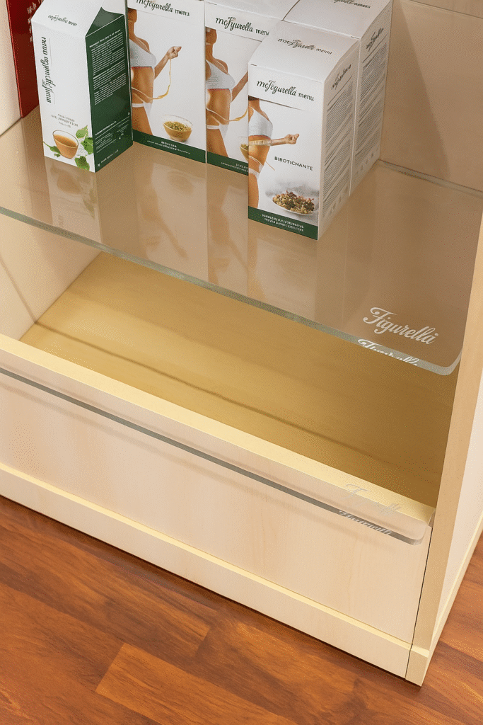 Dettaglio mobilio su misura espositore Figurella my Menu con mensole in plexyglass personalizzate al laser in collaborazione con Ammendola NFC di Roma by Elion Web Design