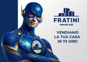 Copertina illustrativa con Flash in tuta blu personalizzata per Fratini Casa e realizzata da Elion Web