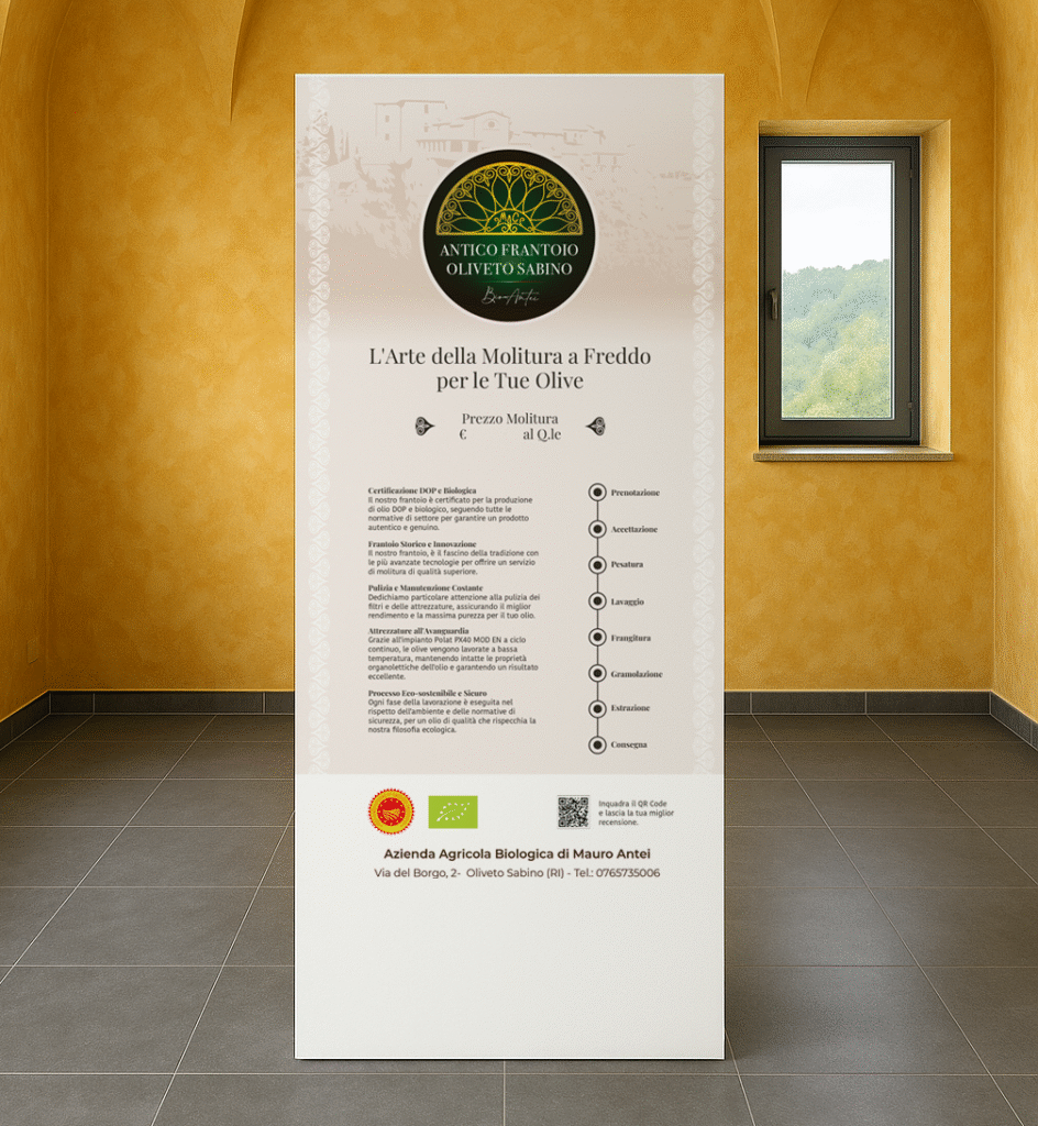 mockup totem realizzato e stampato per Antico Frantoio di Oliveto Sabino di Bio Antei. Il totem è in lastra piuma e racconta attraverso un'accurata info grafica i processi di molitura biologica e dop. Grafica realizzata in vettoriale da Elion Design.