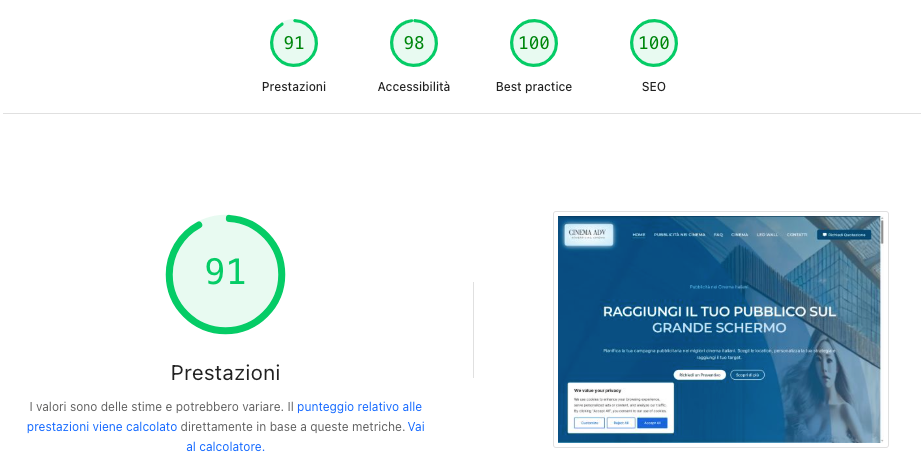 Sito Web per CinemaAdv - Uno Screenshot delle prestazioni da Google PageSpeed - Prestazioni: 91% Accessibilità 98% BestPratice 100% SEO 100%